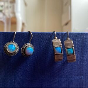 Elegant Sterling Silver Blue Opal Earrings 2 pairs